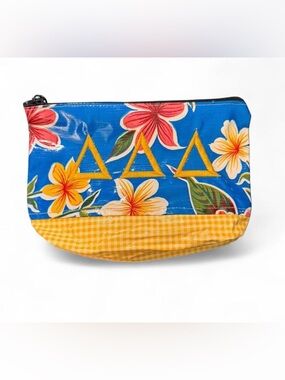 TRI-DELTA embroidered tropical floral print makeup bag with yellow gingham trim
